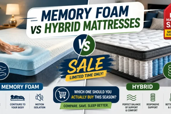 make a table comparing memory foam vs hybrid mattresses sale