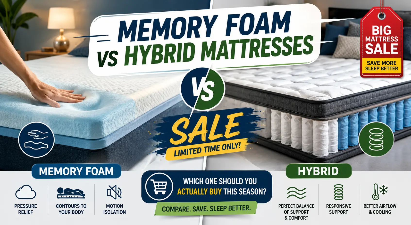 make a table comparing memory foam vs hybrid mattresses sale